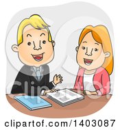 Cartoon White Sales Man Pitching To A Woman