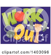 Poster, Art Print Of Hand Holding Up A Dumbbell With Work Out Text And A Kettlebell On Blue