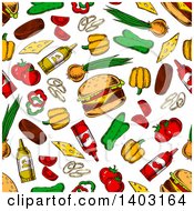 Poster, Art Print Of Seamless Background Pattern Of Cheeseburgers And Toppings
