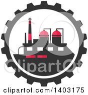 Clipart Of A Flat Design Factory Complex In A Gear Cog Wheel Royalty Free Vector Illustration