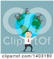 Poster, Art Print Of Flat Design White Businessman Carrying Earth With Industrial Factories On Blue