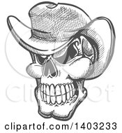 Poster, Art Print Of Sketched Gray Human Skull Wearing A Cowboy Hat