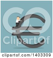 Clipart Of A Flat Design White Businessman Climbing A Euro Currency Symbol On Blue Royalty Free Vector Illustration