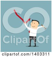 Poster, Art Print Of Flat Design White Businessman Trying To Fix A Decline On Blue