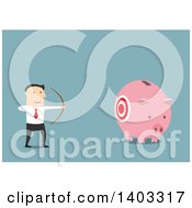 Poster, Art Print Of Flat Design White Businessman Aiming At A Piggy Bank On Blue