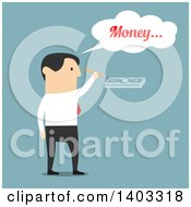 Clipart Of A Flat Design White Businessman Drawing Money On Blue Royalty Free Vector Illustration