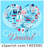 Flat Design Heart Made Of Dental Items On Blue With Text