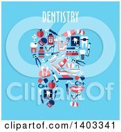 Flat Design Tooth Made Of Dental Items On Blue With Text