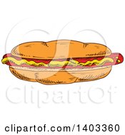 Clipart Of A Sketched Hot Dog With Mustard Royalty Free Vector Illustration
