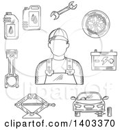 Poster, Art Print Of Sketched Mechanic Car On Jack Wheel Spanner Piston Battery And Motor Oil