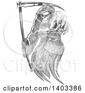 Clipart Of A Gray Sketched Grim Reaper Holding A Scythe And Reaching Out Royalty Free Vector Illustration by Vector Tradition SM