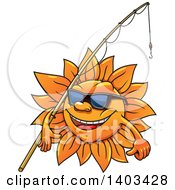 Poster, Art Print Of Happy Summer Sun Wearing Sunglasses And Carrying A Fishing Pole