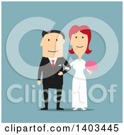 Poster, Art Print Of Flat Design Caucasian Bride And Groom On Blue