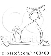 Clipart Of A Cartoon Black And White Lineart Moose Sitting On The Ground With One Leg Up Royalty Free Vector Illustration