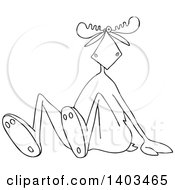 Clipart Of A Cartoon Black And White Lineart Moose Sitting On The Ground Royalty Free Vector Illustration