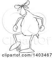 Clipart Of A Cartoon Black And White Lineart Moose Stepping In Gum Royalty Free Vector Illustration