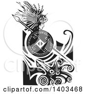 Black And White Woodcut Profiled Medusa With Lionfish Hair Holding A Spear And Shield In Waves Over A Squid