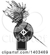 Poster, Art Print Of Black And White Woodcut Profiled Medusa With Lionfish Hair Holding A Spear And Shield