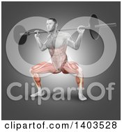 Poster, Art Print Of 3d Fit Anatomical Man Doing Barbell Plie Squats With Visible Lower Body Muscles On Gray