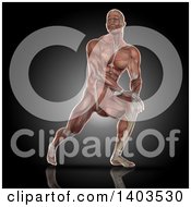 Clipart Of A 3d Fit Anatomical Man Stretching With Visible Muscles On Black Royalty Free Illustration