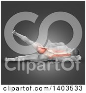 Clipart Of A 3d Fit Anatomical Man Doing The Lying Hip Abduction With Visible Muscles On Gray Royalty Free Illustration