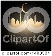 Clipart Of A Ramadan Kareem Background With A Silhouetted Mosque Text And Moon In A Gold Pattern On Black Royalty Free Vector Illustration