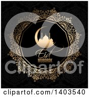 Eid Mubarak Background With A Silhouetted Gold Mosque In A Crescent Moon And Text On Black