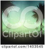 Poster, Art Print Of Silhouetted Palm Trees Framing A Landscape With Hills Grasses And Sunset Flares