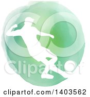 Poster, Art Print Of White Silhouetted Soccer Player Over A Green Watercolor Circle On A White Background