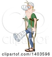 Cartoon Injured Caucasian Man Covered In Casts And Using Crutches