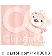 Poster, Art Print Of Cute Teddy Bear Wearing A Pink Bow And Hugging A Sign