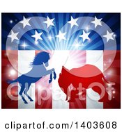 Poster, Art Print Of Silhouetted Political Aggressive Democratic Donkey Or Horse And Republican Elephant Battling Over An American Flag And Burst