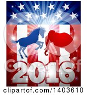 Poster, Art Print Of Silhouetted Political Aggressive Democratic Donkey Or Horse And Republican Elephant Battling Over An American Flag And Burst