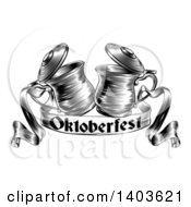 Black And White Woodcut Or Engraved Beer Steins Or Tankards Chinking Together In A Toast Over An Oktoberfest Ribbon Banner