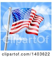 3d Rippling American Flag On A Silver Pole Against Blue Sky With Rays