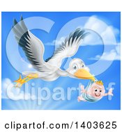 Poster, Art Print Of Stork Bird Flying A Happy Baby Boy Holding His Arms Out In A Blue Bundle Against Sky