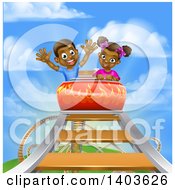 Clipart Of A Happy Black Boy And Girl At The Top Of A Roller Coaster Ride Against A Blue Sky With Clouds Royalty Free Vector Illustration