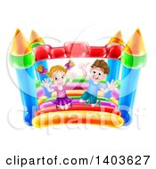 Poster, Art Print Of Cartoon Happy Caucasian Boy And Girl Jumping On A Bouncy House Castle