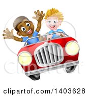 Poster, Art Print Of Happy White Boy Driving A Black Boy And Catching Air In A Convertible Car
