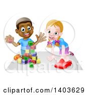 Poster, Art Print Of Happy Black Boy Playing With Blocks And White Girl Playing With A Car