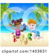 Happy White Boy And Black Girl Playing And Making Sand Castles On A Tropical Beach