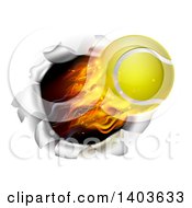 3d Flying And Blazing Tennis Ball With A Trail Of Flames Breaking Through A Wall