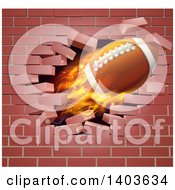 Poster, Art Print Of 3d Flying And Blazing American Football With A Trail Of Flames Breaking Through A Brick Wall