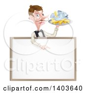 White Male Waiter With A Curling Mustache Holding Fish And A Chips And Pointing Down Over A Menu Or Blank Sign
