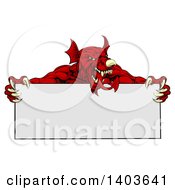 Muscular Aggressive Red Welsh Dragon Man Mascot Holding A Blank Sign