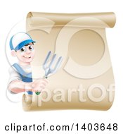 Poster, Art Print Of Happy Young Brunette White Male Gardener In Blue Holding A Garden Fork Around A Scroll Sign
