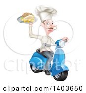White Male Chef With A Curling Mustache Holding A Souvlaki Kebab Sandwich On A Scooter