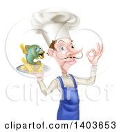White Male Chef With A Curling Mustache Gesturing Ok And Holding A Fish And Chips On A Tray
