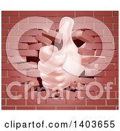 Poster, Art Print Of Caucasian Hand Giving A Thumb Up And Breaking Through A Brick Wall