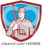 Retro Male Pressure Washer Worker Holding A Washing Gun In A Red White And Blue Shield